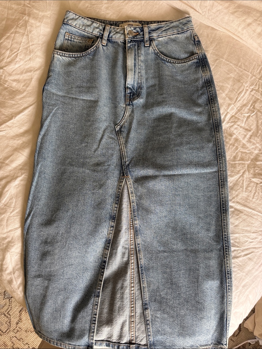 Mango Light Blue Denim Midi Skirt with Front Slit